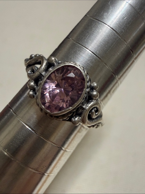 925 Sterling Silver Jewelry - Sterling Silver 925 Filigree Ring with Pink Gemstone Crystal size 4.75